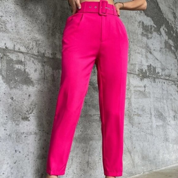 Hot Pink Belted Classic business chicf Tapered Pants - Picture 2 of 8